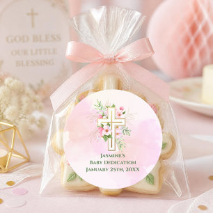 Pink Watercolor Floral Cross Baby Dedication Classic Round Sticker