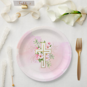Pink Watercolor Floral Cross Baby Dedication Paper Plate