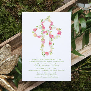 Pink Watercolor Floral Cross Baptism Invitation