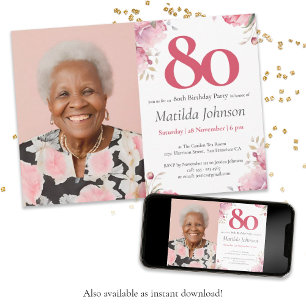 Pink Watercolor Floral Custom Photo 80th Birthday  Invitation