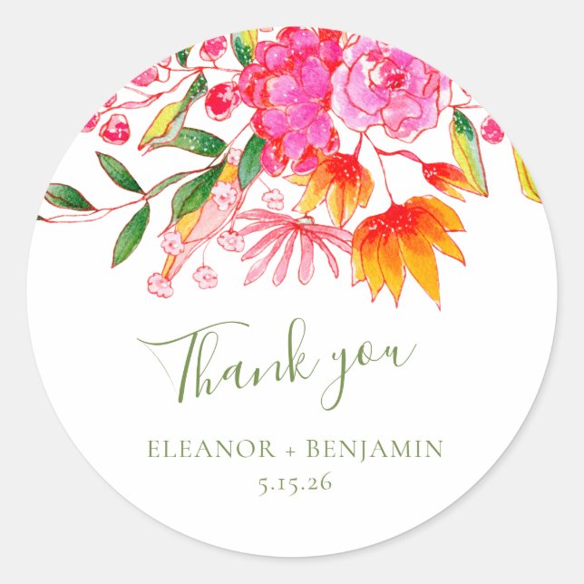Pink Watercolor Floral Custom Wedding Thank You Classic Round Sticker (Front)