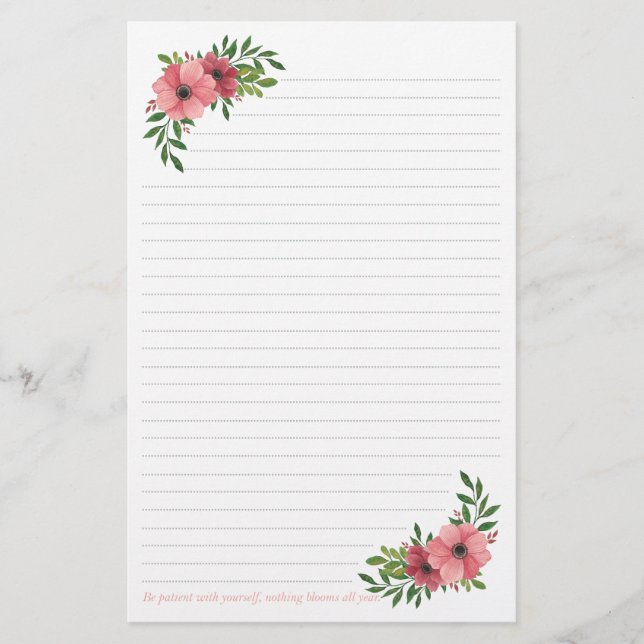 Pink Watercolor Floral Design Stationery (Front)