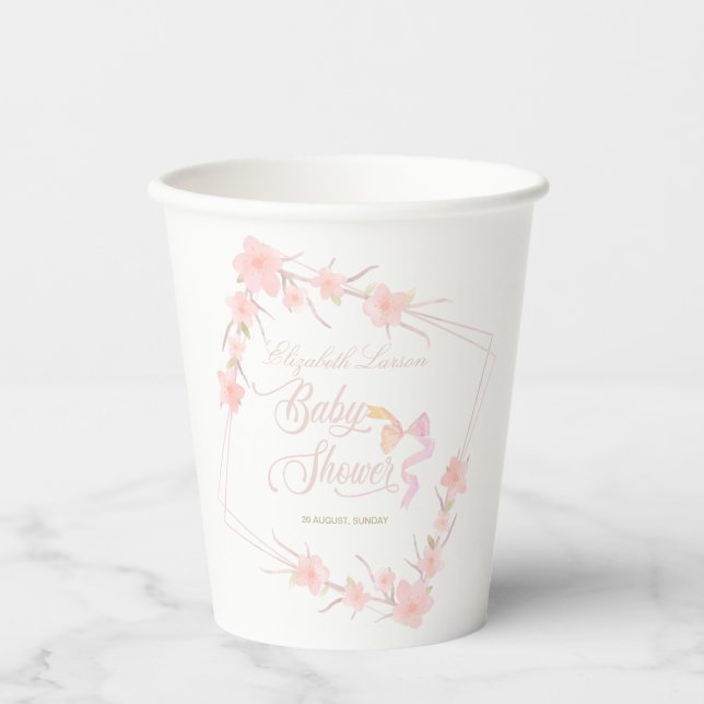 Pink Watercolor Floral Elegant Baby Shower Paper Cups (Front)