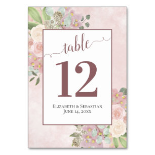 Pink Watercolor Floral Elegant Boho Chic Wedding Table Number