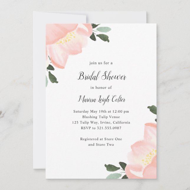 Pink Watercolor Floral Elegant Bridal Shower Invitation (Front)
