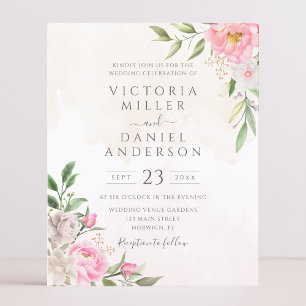 Pink Watercolor Floral Elegant Wedding Invitation