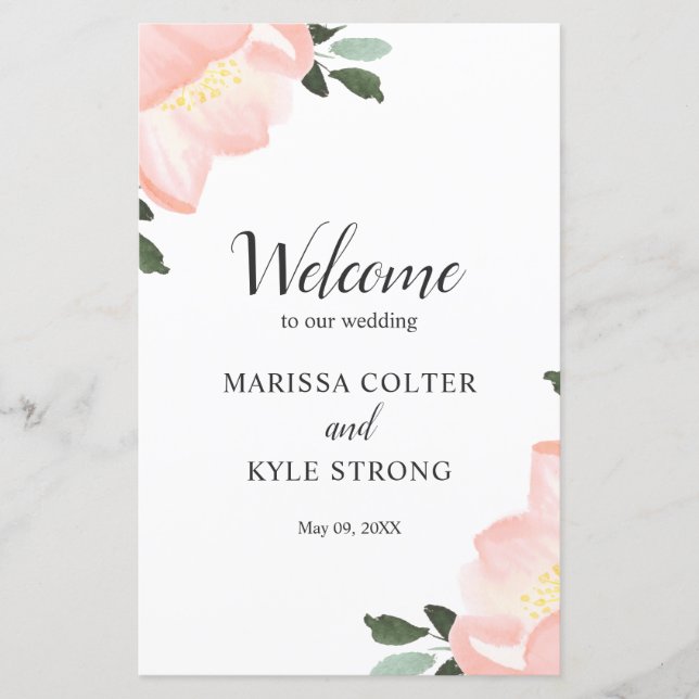 Pink Watercolor Floral Elegant Wedding Program (Front)