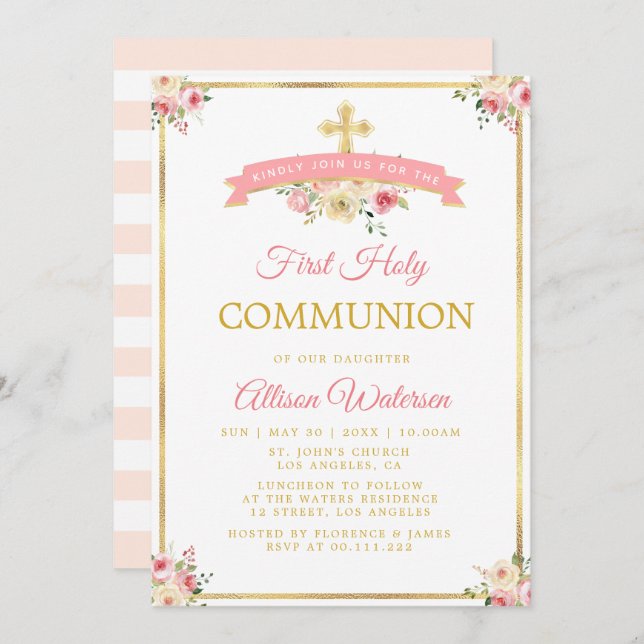 Pink watercolor floral first holy communion invitation (Front/Back)