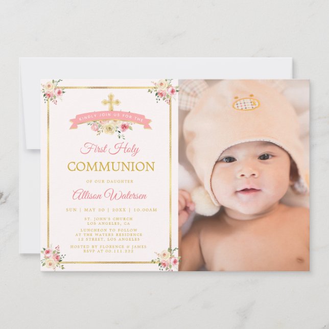 Pink watercolor floral first holy communion photo invitation (Front)