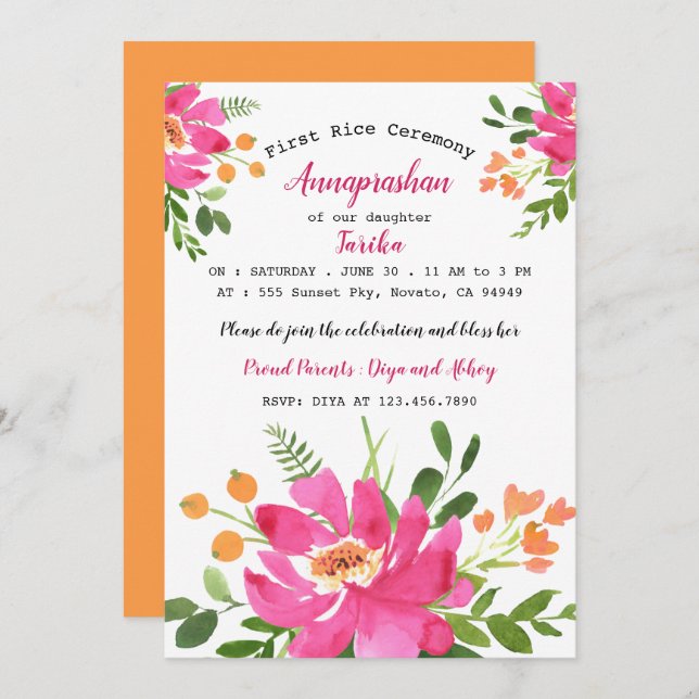 Pink Watercolor Floral First Rice Annaprashan Invitation (Front/Back)