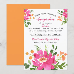 Pink Watercolor Floral First Rice Annaprashan Invitation