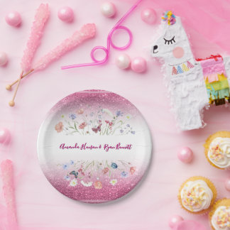 Pink Watercolor Floral Flower Wedding Paper Plate
