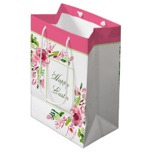 Pink watercolor floral frame custom medium gift bag