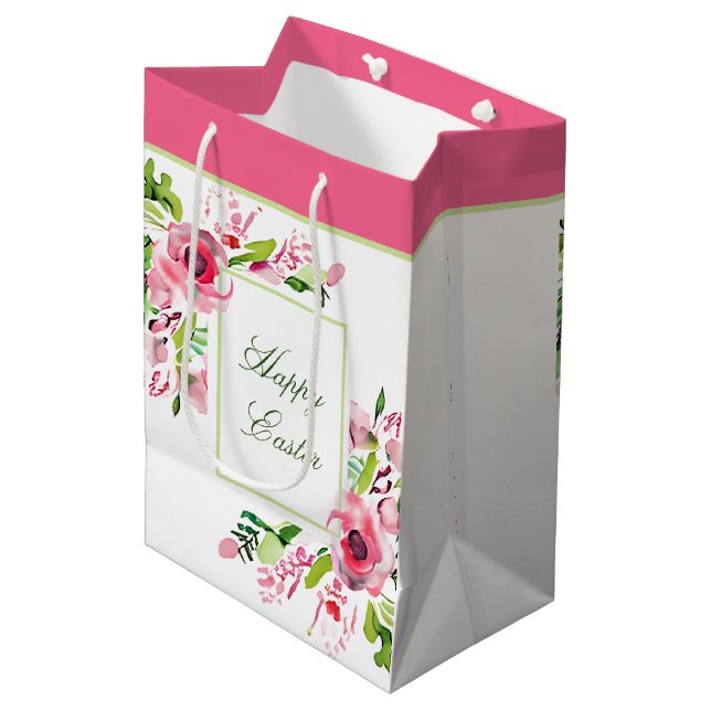 Pink watercolor floral frame custom medium gift bag (Front Angled)