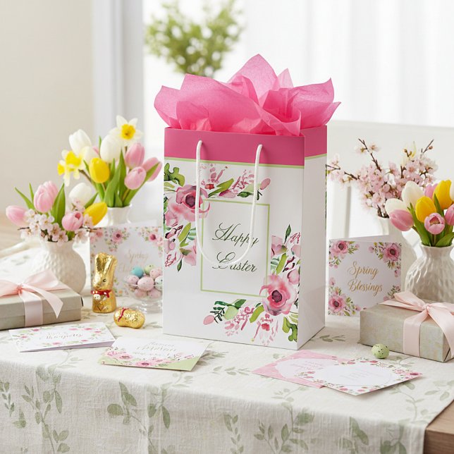 Pink watercolor floral frame custom medium gift bag (Creator Uploaded)