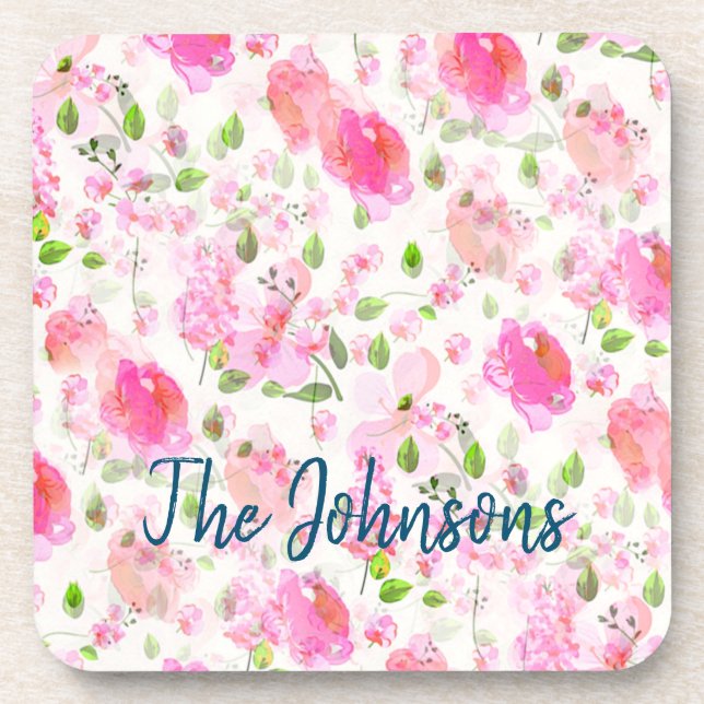 Pink Watercolor Floral Garden Pattern Coaster (Front)