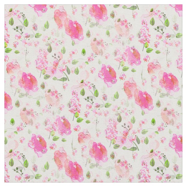 Pink Watercolor Floral Garden Pattern Fabric (Close Up)