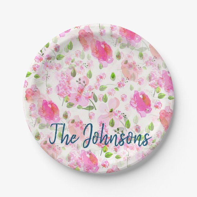 Pink Watercolor Floral Garden Pattern Paper Plate (Front)
