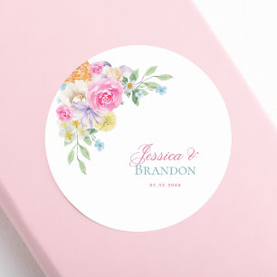 Pink Watercolor Floral Garden Tea Party Wedding Classic Round Sticker