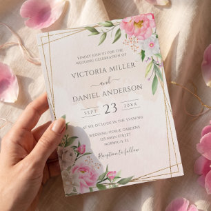 Pink Watercolor Floral Geometric Gold Wedding Invitation