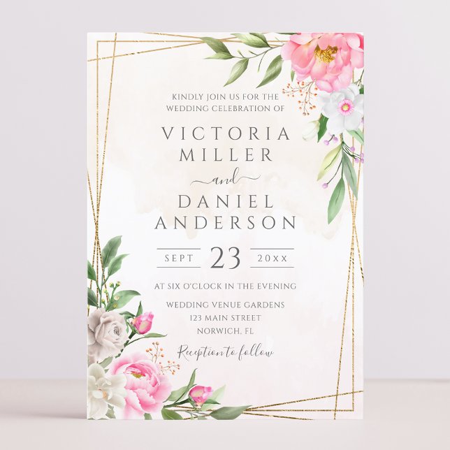 Pink Watercolor Floral Geometric Gold Wedding Invitation (Creator Uploaded)