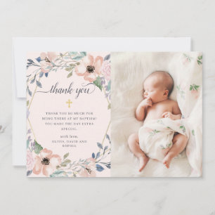 Pink Watercolor Floral Geometric   Photo Baptism Thank You Card