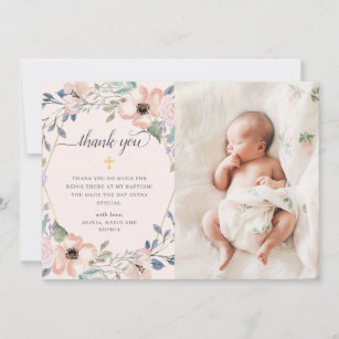Pink Watercolor Floral Geometric   Photo Baptism Thank You Card