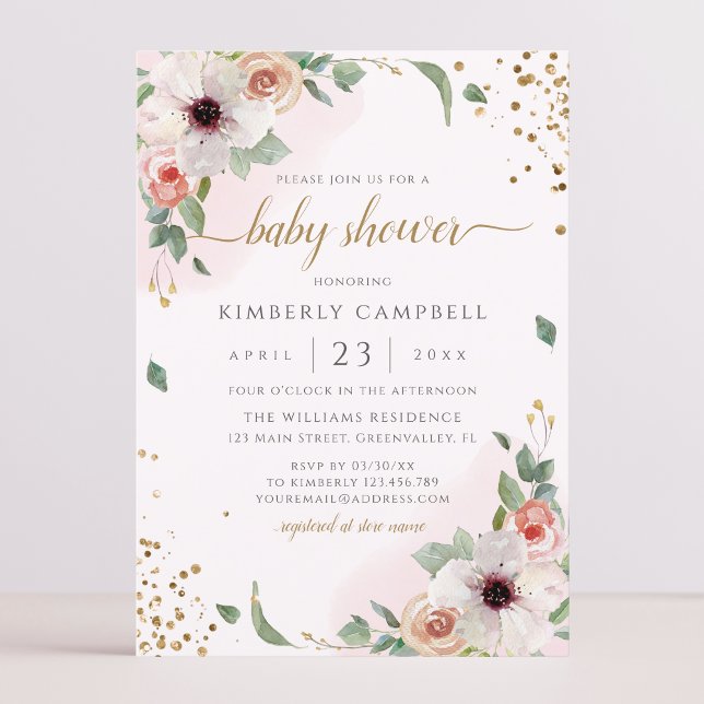 Pink Watercolor Floral Girl Baby Shower Invitation (Creator Uploaded)