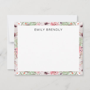 Pink Watercolor Floral Greenery Flat Note Card