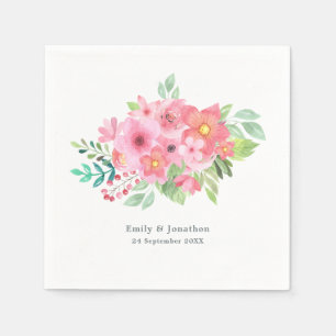 Pink Watercolor Floral Greenery Names Date Wedding Napkin