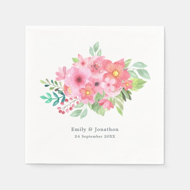 Pink Watercolor Floral Greenery Names Date Wedding Napkin (Front)