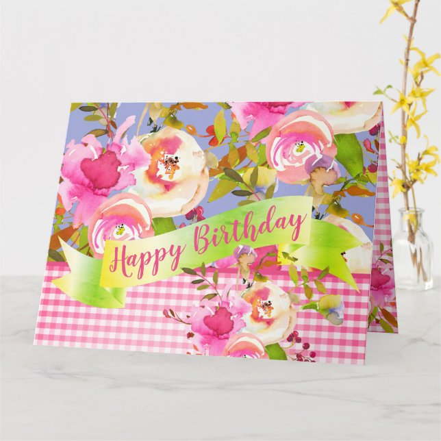 Pink Watercolor Floral Happy Birthday with Message Card (Yellow Flower)