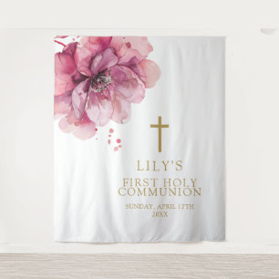 Pink Watercolor Floral Holy Communion Backdrop Tapestry