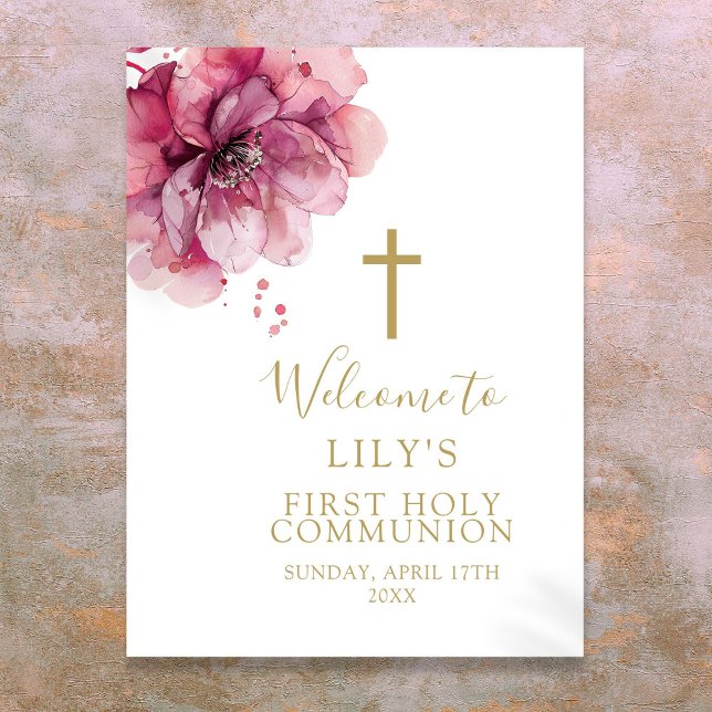 Pink Watercolor Floral Holy Communion Welcome Sign (Pink Watercolor Floral Holy Communion Welcome Sign)