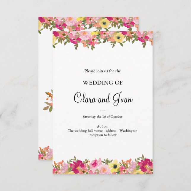 Pink watercolor floral invitation (Front/Back)