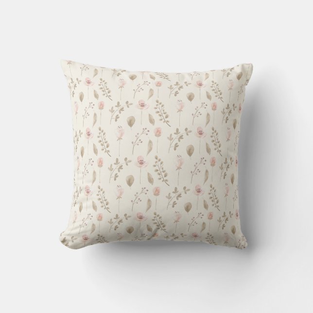 Pink Watercolor Floral Leaves Pattern Pretty Cushion (Front)