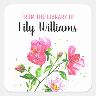 Pink Watercolor Floral  Library   Bookplate Square Sticker