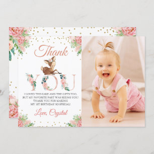 Pink Watercolor Floral Little Deer Birthday Photo Thank You Card