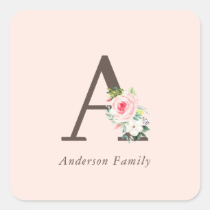 Pink Watercolor Floral Monogram Square Sticker