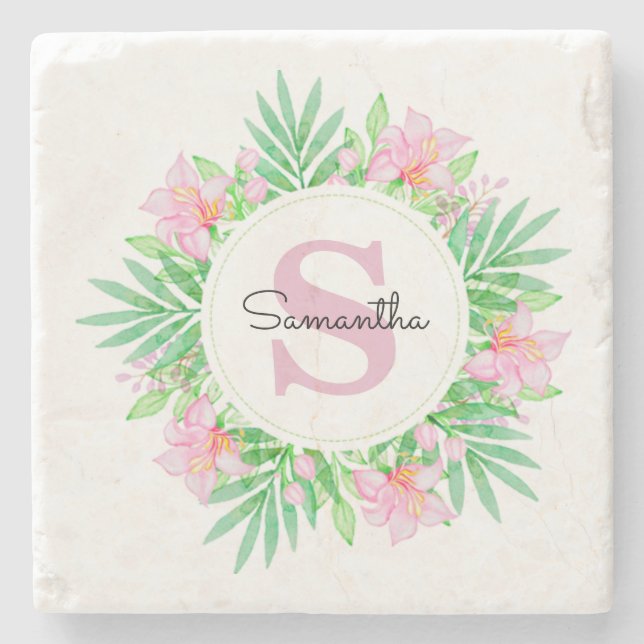 Pink Watercolor Floral Monogram Stone Coaster (Front)