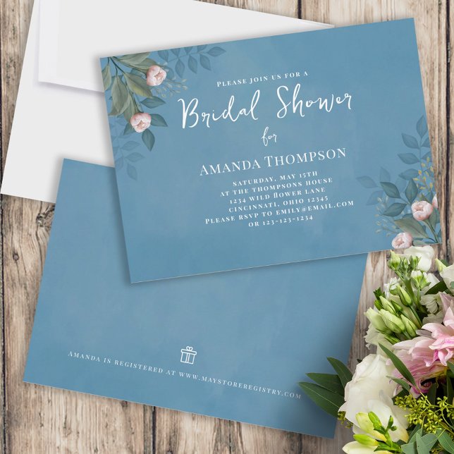 Pink Watercolor Floral Navy Blue Bridal Shower Invitation (Creator Uploaded)