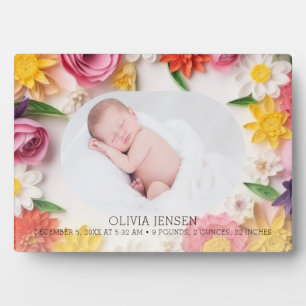 Pink Watercolor Floral New Baby Girl Photo Plaque