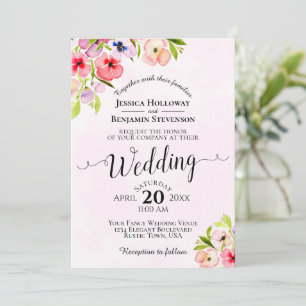 Pink Watercolor Floral Pansies Wedding Invitation