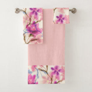 Pink watercolor floral pattern bath towel set