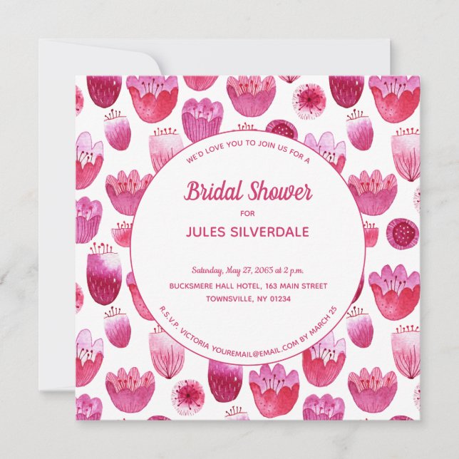 Pink Watercolor Floral Pattern Bridal Shower Invitation (Front)
