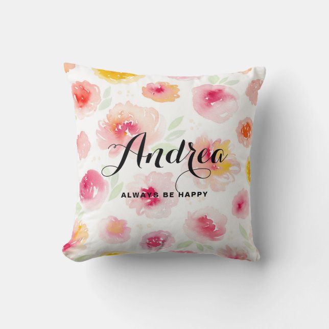 Pink Watercolor Floral Pattern Personalised Pillow (Front)