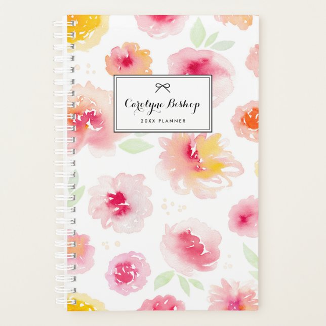 Pink Watercolor Floral Pattern Personalised Planner (Front)