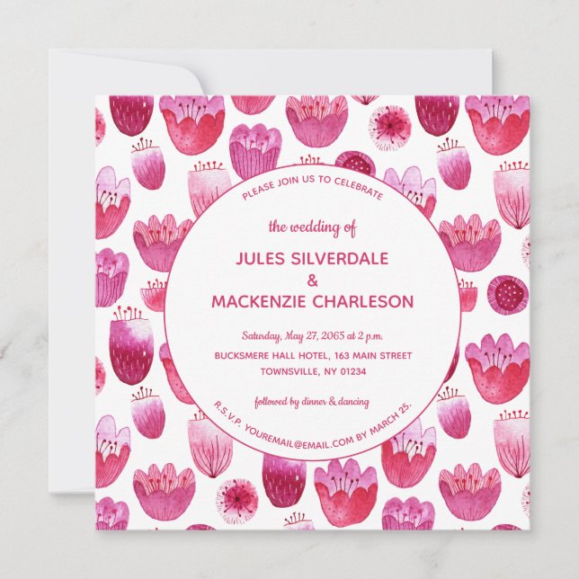 Pink Watercolor Floral Pattern Wedding Invitation (Front)