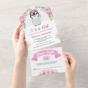 Pink Watercolor Floral Penguin Baby Shower All In One Invitation