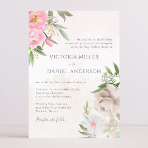 Pink Watercolor Floral Peonies Elegant Wedding Invitation